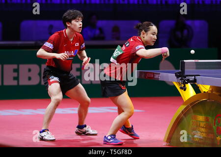 Mima Ito & Masataka Morizono (JPN), le 24 avril 2019 - Tennis de Table : Championnats du Monde de Tennis de Table 2019 Double mixte 16 match au parc des expositions HUNGEXPO Budapest Fair Center, Budapest, Hongrie. (Photo de Sho Tamura/AFLO SPORT) Banque D'Images