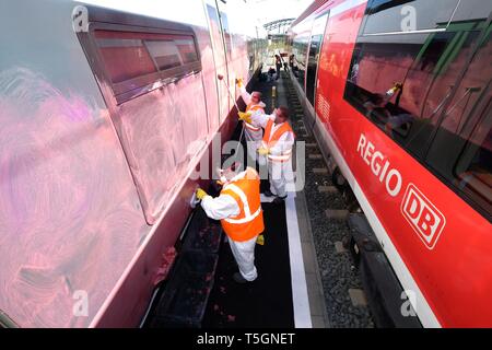 Leipzig, Allemagne. Apr 25, 2019. Les détachants Graffiti travaillent sur un S-Bahn pulvérisé voiture à la gare centrale de Leipzig. Credit : Sebastian Willnow/dpa-Zentralbild/dpa/Alamy Live News Banque D'Images