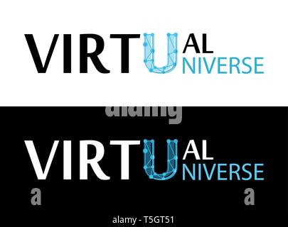 Univers virtuel, label vector avec légende isolé sur fond blanc. Lettre capitale dans le style d'une phrase dans le style de réseau avec des liens et des polygones Illustration de Vecteur