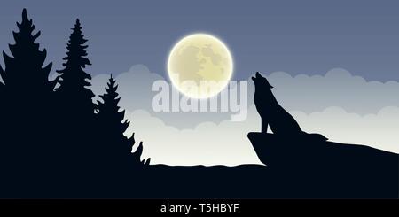 Le loup hurle à la pleine lune blue mystic nature paysage vector illustration EPS10 Illustration de Vecteur