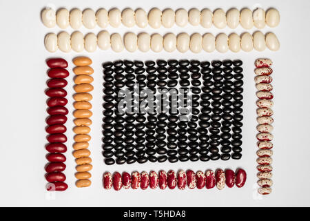 Geometric pattern bean. Les légumineuses multicolores Textures : haricots rouges, oeil noir, pinto, lentille sur fond blanc Banque D'Images