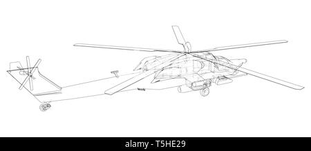 Hélicoptère en contours style. Illustration de la représentation filaire créé 3d. Illustration de Vecteur