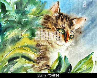 Belle illustration d'un chat multicolore rayures moelleuses avec des yeux jaune et blanc de la moustache. Format horizontal, aquarelle, peint à la main. L'ima Banque D'Images