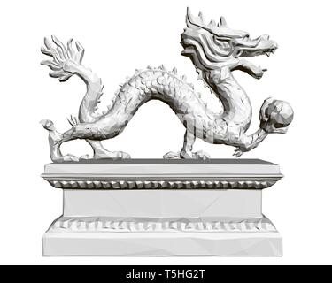 Figurine d'un dragon sur un socle polygonal tenant une sphère dans sa patte. 3D. Vector illustration. Illustration de Vecteur