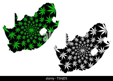 Afrique du Sud - carte des feuilles de cannabis est vert et noir, République d'Afrique du Sud (RSA) carte de marijuana, THC) feuillage, Illustration de Vecteur