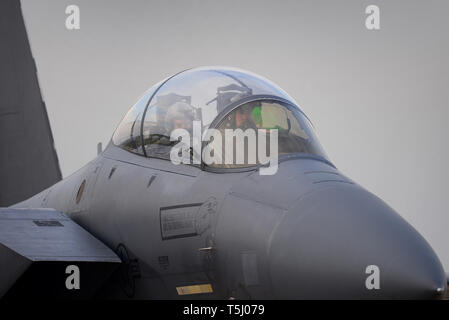 48e Escadre de chasse des équipages d'effectuer des vérifications avant vol au cours d'un exercice de préparation à la Royal Air Force Lakenheath, Angleterre, le 23 avril. Exercices de ce genre offrent à la fois d'équipage et du personnel de soutien affecté à RAF Lakenheath l'expérience nécessaire pour maintenir une force capable d'assurer la défense collective de l'alliance de l'OTAN. (U.S. Air Force photo/ Tech. Le Sgt. Matthew Plew) Banque D'Images