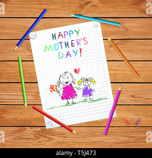 Happy Mothers Day Baby Hand Drawn Illustration de tenir la main de la mère et sa fille sur les feuilles de papier graphique ou vérifiée sur la table en bois avec Colore Banque D'Images
