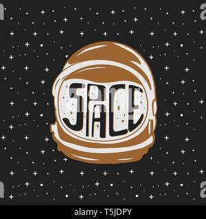 L'astronaute dessiné à la main vintage casque avec textes personnalisés - l'espace. Voyages dans l'espace concept. Emblème du vecteur Stock isolé sur fond sombre. Bon pour T Illustration de Vecteur
