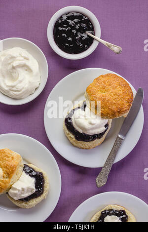 Des scones fraîchement cuits au four traditionnel anglais avec de la confiture et de la crème Banque D'Images