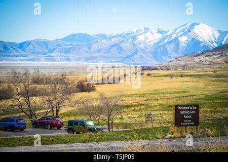 Antelope Island State Park, Utah, USA - 1 Avril 2018 : une pancarte à l'entrée de la préserver park Banque D'Images