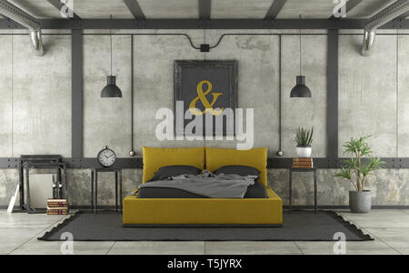 Noir et jaune lit double en mezzanine avec mur de béton et de fer - éléments de rendu 3D Banque D'Images