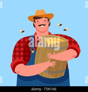 L'apiculteur est titulaire d'un fût en bois avec du miel. L'apiculture, cartoon vector illustration Illustration de Vecteur