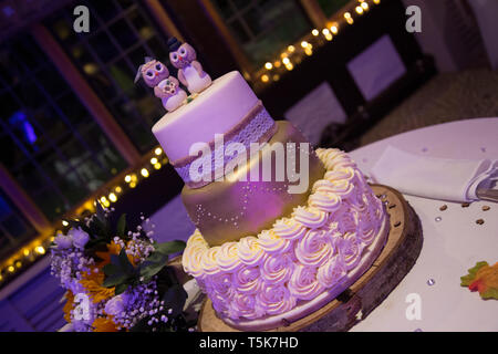 Gâteau de mariage, mariage à trois niveaux on cake stand assis sur une table en attente d'être coupé par les mariés Banque D'Images