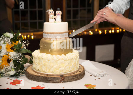 Gâteau de mariage, mariage à trois niveaux on cake stand assis sur une table en attente d'être coupé par les mariés Banque D'Images