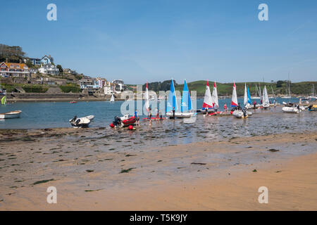 Dériveurs alignés sur la plage à l'East Portlemouth sur l'estuaire de Salcombe, South Hams, Devon, UK Banque D'Images