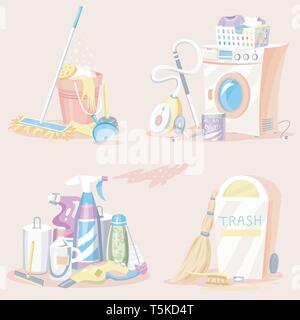 Ensemble d'outils de nettoyage. Lave-linge, les détergents, l'eau nettoyante pour godet, Produits chimiques de nettoyage pour l'entretien des appareils. Chambre d'icônes pour poster Illustration de Vecteur