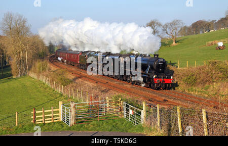 48151 & 35018 Starricks la tête passé sur la ferme 28.4.19. Banque D'Images