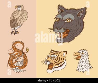 Les animaux sauvages vintage. Logo pour t-shirt. Tigre asiatique, Dragon chinois, Panther, Fox, Falcon, singe. Traduction Le nom de la Mythologie Japonaise Illustration de Vecteur