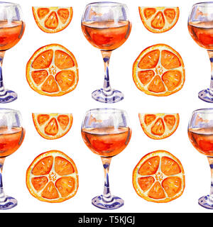 Modèle transparent avec des verres de jus d'orange. Les agrumes d'été boisson exotique. Tranches d'orange. Aquarelle dessiné à la main. Arrière-plan lumineux pour l'impression sur Banque D'Images