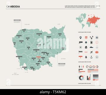 Carte vectorielle du Cambodge. Carte pays très détaillés avec la division, les villes et capital Phnom Penh. Une carte politique, carte du monde, les éléments de l'infographie. Illustration de Vecteur