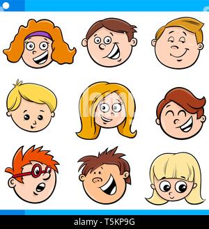 Cartoon Illustration de l'Heureux les enfants ou adolescents Jeu de caractères Visages Illustration de Vecteur