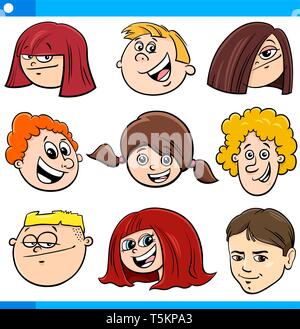 Cartoon Illustration d'enfants ou adolescents drôle jeu de caractères Visages Illustration de Vecteur