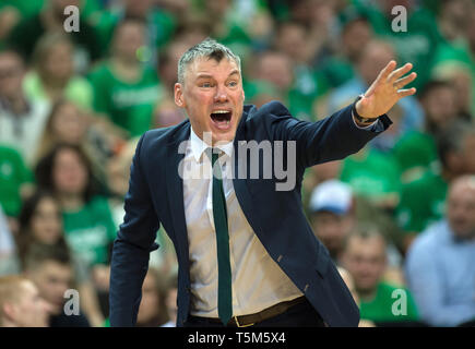 Kaunas, Lituanie. Apr 25, 2019. Entraîneur de Zalgiris Kaunas Sarunas Jasikevicius réagit au cours de la quatrième pièce de théâtre de l'Euroligue de basket-ball match entre la Lituanie et la Turquie du Zalgiris Kaunas Fenerbahce Istanbul de Beko à Kaunas, Lituanie, 25 avril 2019. Beko Fenerbahce Istanbul a gagné 99-82. Alfredas Crédit : Pliadis/Xinhua/Alamy Live News Banque D'Images