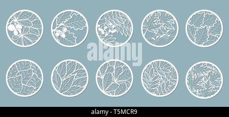 Set. Les feuilles, le chêne, l'érable, Rowan, de châtaignier, de baies, de graines, de glands, bouleau, frêne. Modèles dans la forme de cercles. Abstract circles, illustra vecteur boules Illustration de Vecteur