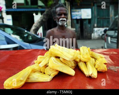 Un jack-fruit vendor Dans Chidambaram, l'Inde. Banque D'Images