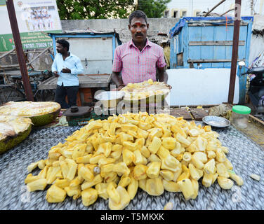 Un jack-fruit vendor Dans Chidambaram, l'Inde. Banque D'Images