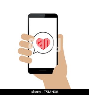 Mains courantes smartphone avec amour message sur l'écran isolé sur fond blanc vector illustration EPS10 Illustration de Vecteur