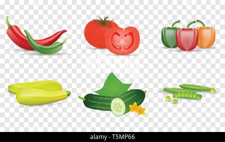 Illustration Vecteur de légumes. Tomates, concombres, poivrons verts, zukini et pea pod. 3D de vecteur isolé icon set Illustration de Vecteur