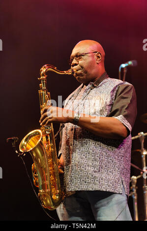 Camaroonian, saxophoniste Manu Diabango à la Festival Womad, Charlton Park, Malmesbury, Royaume-Uni le 25 juillet 2014 Banque D'Images