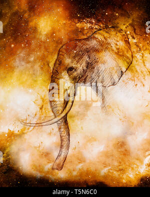 Dessin d'un éléphant, en dessin de profil espace cosmique. Banque D'Images