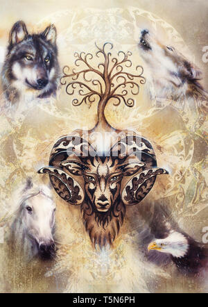 Le bélier d'ornement sacré esprit avec de l'arbre de vie symbole et les animaux. Banque D'Images