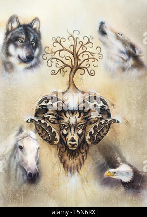 Le bélier d'ornement sacré esprit avec de l'arbre de vie symbole et les animaux. Banque D'Images