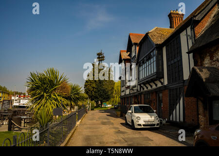 Le style Tudor Inn Swan public house dans le village de Horning, Norfolk. Sur la gauche est le pub's beer garden avec façade au bord de l'eau préservée et Banque D'Images