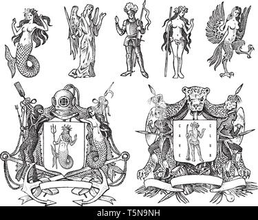 L'héraldique en style vintage. Armoiries gravées avec des animaux, des oiseaux, des créatures mythiques, poisson, dragon, licorne, lion. Emblèmes médiévale et le logo Illustration de Vecteur