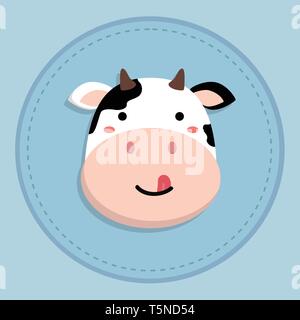 Vector illustration of a cute cartoon vache sticking tongue out sur le cercle bleu arrière-plan. Illustration de Vecteur