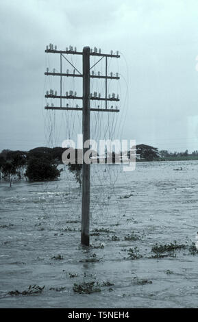 LIGNES ÉLECTRIQUES À HAUTE TENSION DANGEREUSES SUBMERGÉES DANS LES EAUX D'INONDATION, NOUVEAU-GALLES DU SUD, AUSTRALIE Banque D'Images
