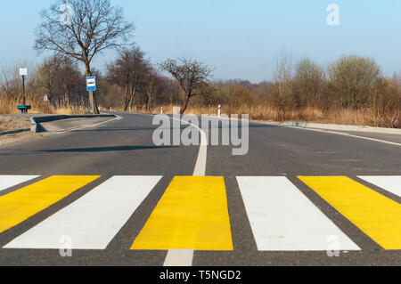 Des marques jaunes blanc sur la route, passage pour piétons à l'extérieur de la ville Banque D'Images