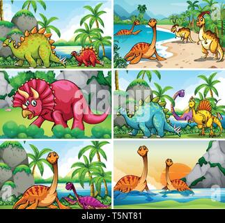Ensemble de l'illustration des scènes de dinosaures Illustration de Vecteur