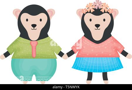 Singes cute couple vecteur illustration design personnages enfantins Illustration de Vecteur