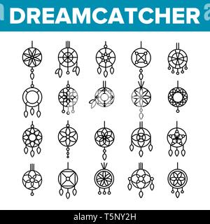 Dreamcatcher, Amulet Vector fine ligne Icons Set Illustration de Vecteur