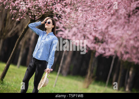 Belle jeune femme dans les fleurs de cerisier en fleurs jardin Banque D'Images