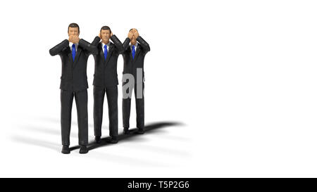 3 affaires de la figure miniature jouet trois singes sages posent isolé sur fond blanc (voir pas de mal, ne rien entendre, ne rien dire) Banque D'Images
