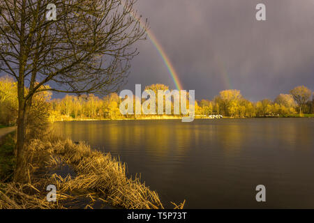 Gewitterstimmung mit Regenbogen suis Kiessee, Göttingen, Allemagne, Deutschland | arc-en-ciel sur le lac Kiessee à Göttingen, Basse-Saxe, Allemagne Banque D'Images