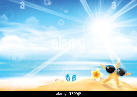 L'étoile de mer est le port de lunettes de soleil et des fleurs sur la plage sur fond de ciel bleu flou avec la lumière du soleil et l'arrondi, avec copyspace pour l'été va Illustration de Vecteur