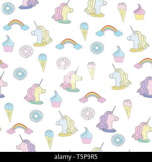 Illustration avec unicorn, beignets et gâteaux. Des glaces et des arc-en-ciel. Modèle sans couture en télévision style sur fond blanc Illustration de Vecteur