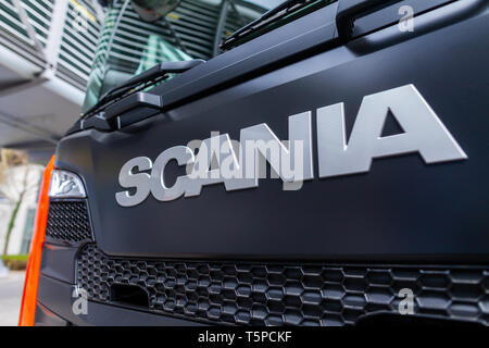 MUNICH / ALLEMAGNE - 14 avril 2019 : la direction de Scania Scania sur un chariot. Scania AB est un fabricant suédois de véhicules commerciaux - plus précisément, il a Banque D'Images